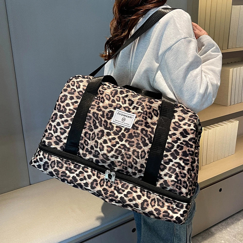Leopard Print Carry On Travel Bag, Large Capacity Gym Bag With Independent Shoe Compartment, Weekend Overnight Duffel Bag