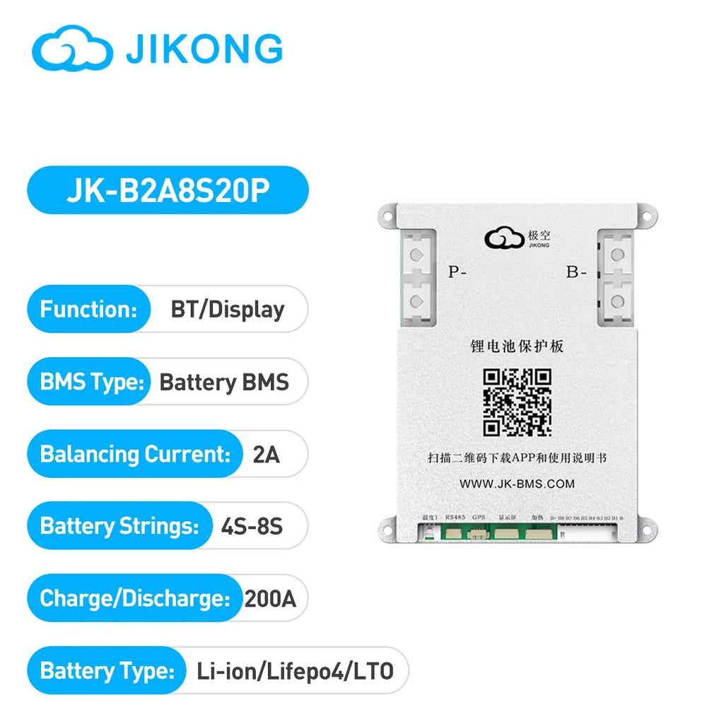 JIKONG JK-B2A8S20P BMS Lifepo4 Li-Ion Lto Battery 200A Active Balanced Smart BMS 4S-8S 12V/24V Active Balance Current 2A