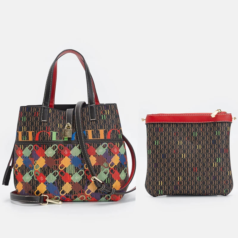 CH Letter Print Tote Bag Set 2 in 1 Large Capacity Women Handbag with Detachable Strap + Mini Clutch Casual Office Shopping Bag
