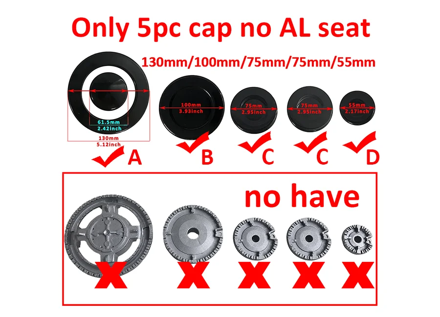 ABBCD 3MM Heavy Durable 130/100/100/75/55mm 5pc a Set Stove Cap Burners Without AL Seat
