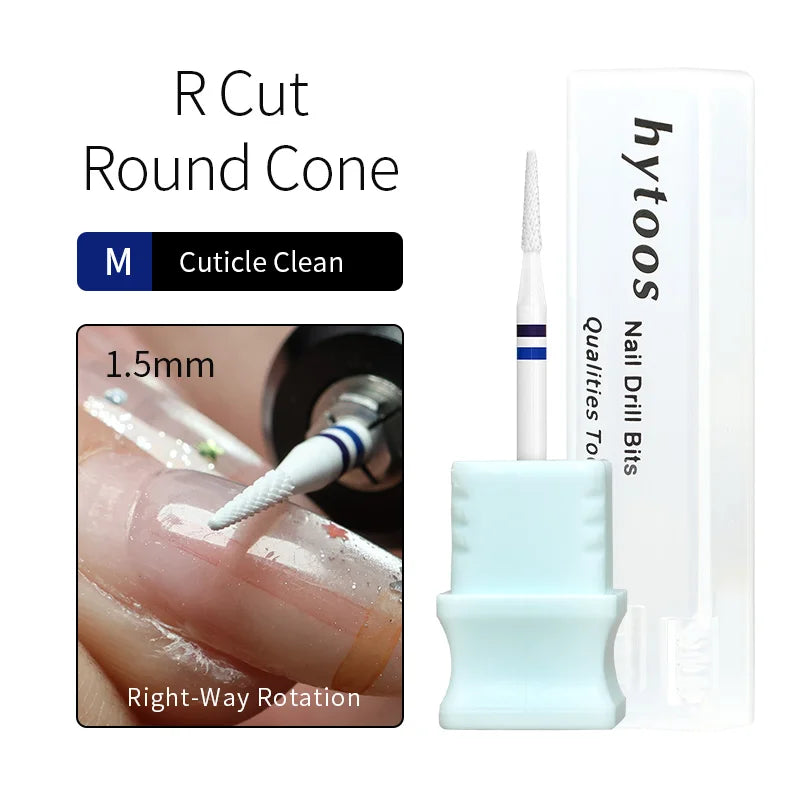 HYTOOS 1.5/2mm Cone White Composite Ceramic Nail Drill Bits High Hardness Pro E-file Bit for Cuticle Clean Gel Removal Tools