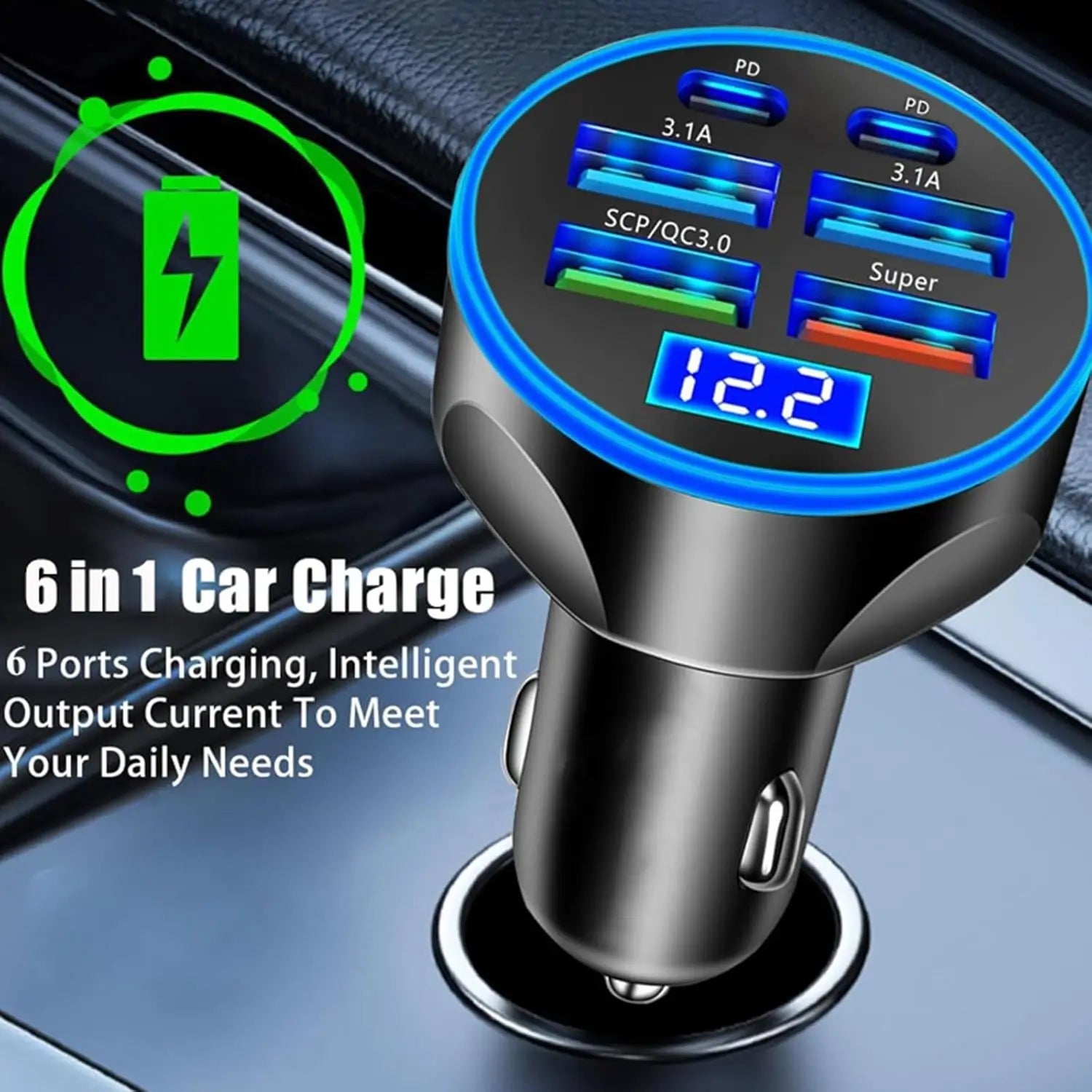 6-in-1 Super Fast Car Charger Adapter with LED Voltage Display, Car Plug Powered Phone Charger for Smart Devices like Tablet