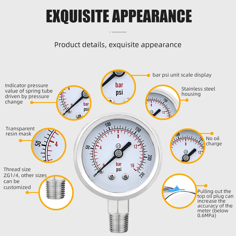 MAIRUIKESI Stianless steel pressure gauges 50mm(2") Accuracy 2.5% Bottom Connection  Hydraulic High water vacuum manometer