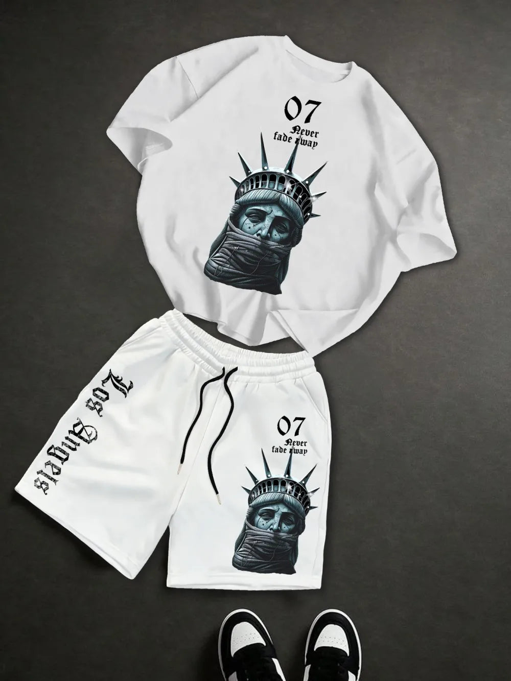 New men's summer retro Statue of Liberty print soft and breathable round neck T-shirt drawstring shorts set outdoor streetwear