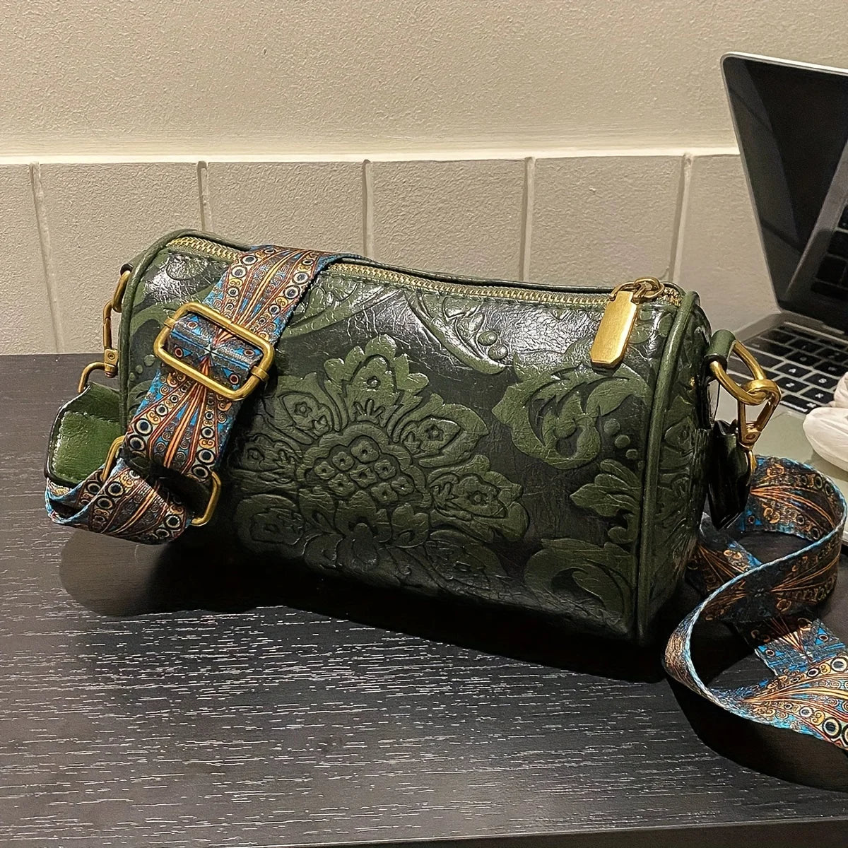 Retro Flower Embossed Cylinder Bag, Classic Textured Zipper Crossbody Purse, With Wide Geometric Pattern Strap Barrel Bag