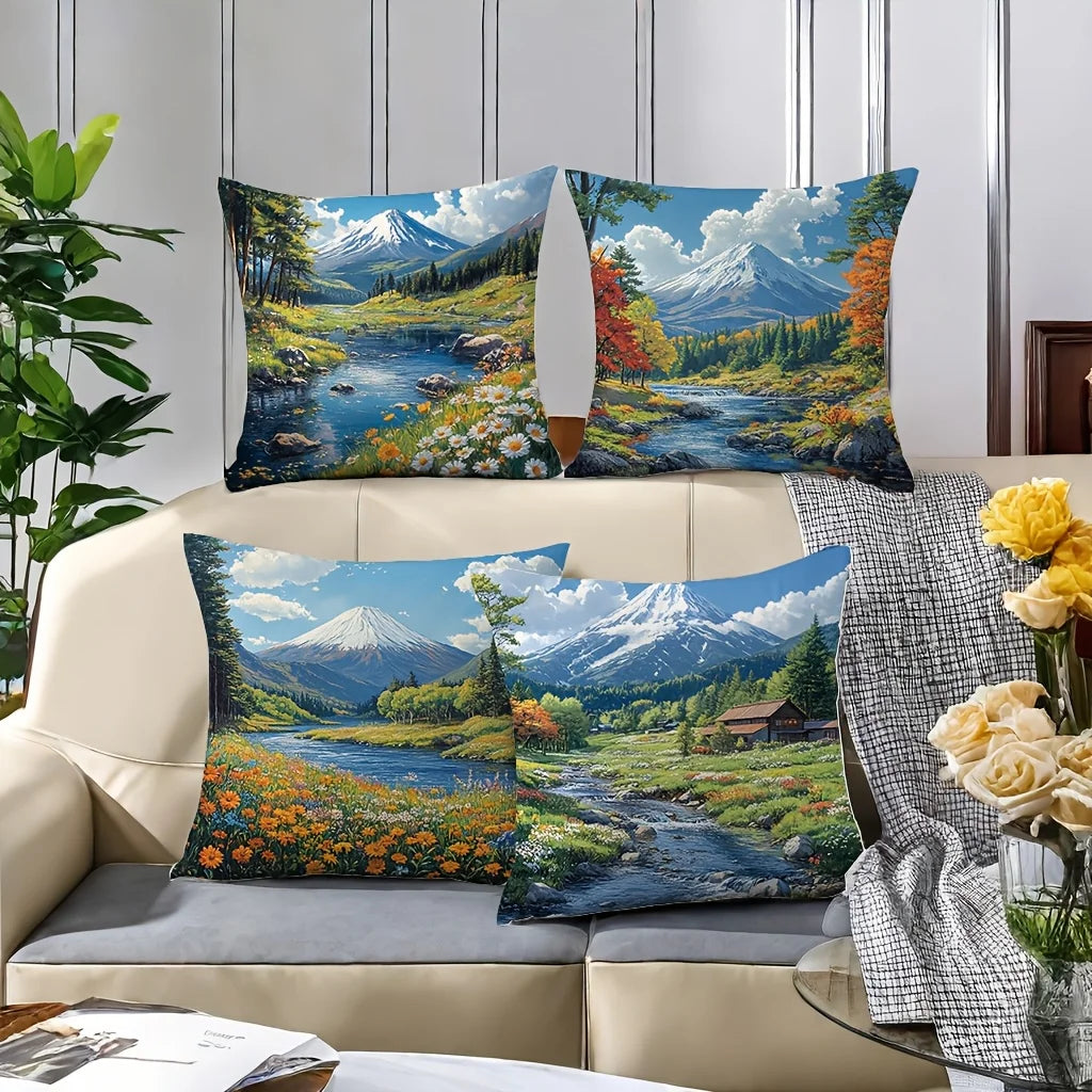4-piece pillowcase set, nature theme featuring patterns of rivers, flowers, trees, and mountains, insert not included