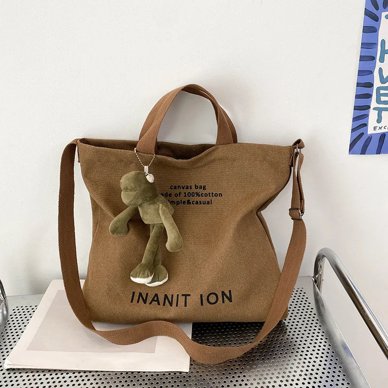 Washed canvas thickened handbag, large capacity trendy unisex crossbody bag, urban artistic student handbag and crossbody bag