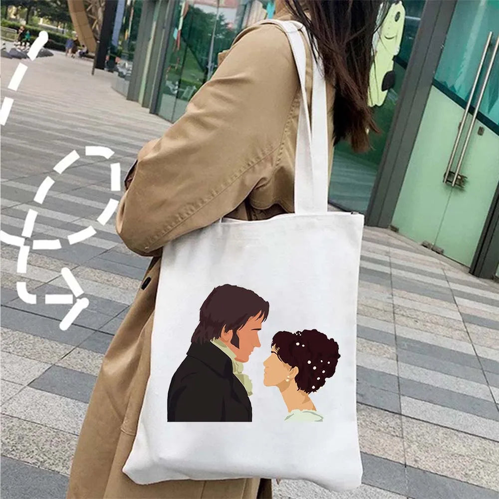 More Pride Less Prejudice Jane Austen Pride Prejudice Elizabeth Darcy Book Bennet Cartoon Shopper Canvas Tote Bag Cotton Handbag