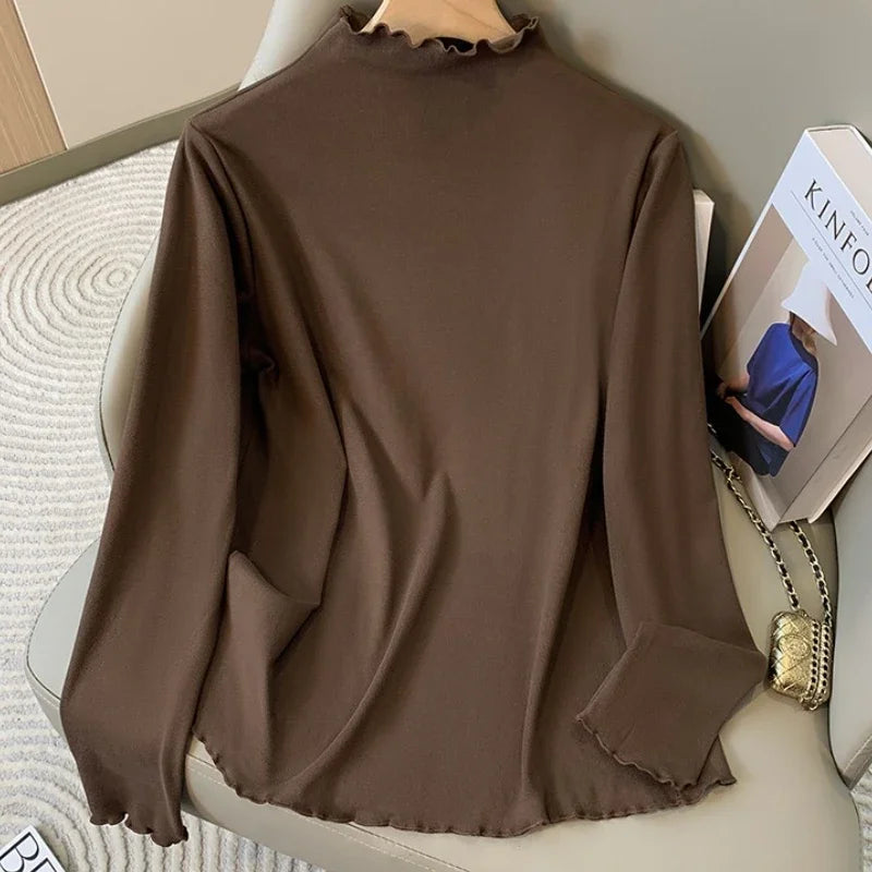 Inner Wear Autumn Winter Fleece Lined Fashion Big Size Tops 2026 Plus Size Women's Long Sleeve Turtleneck Velvet Base T-shirt