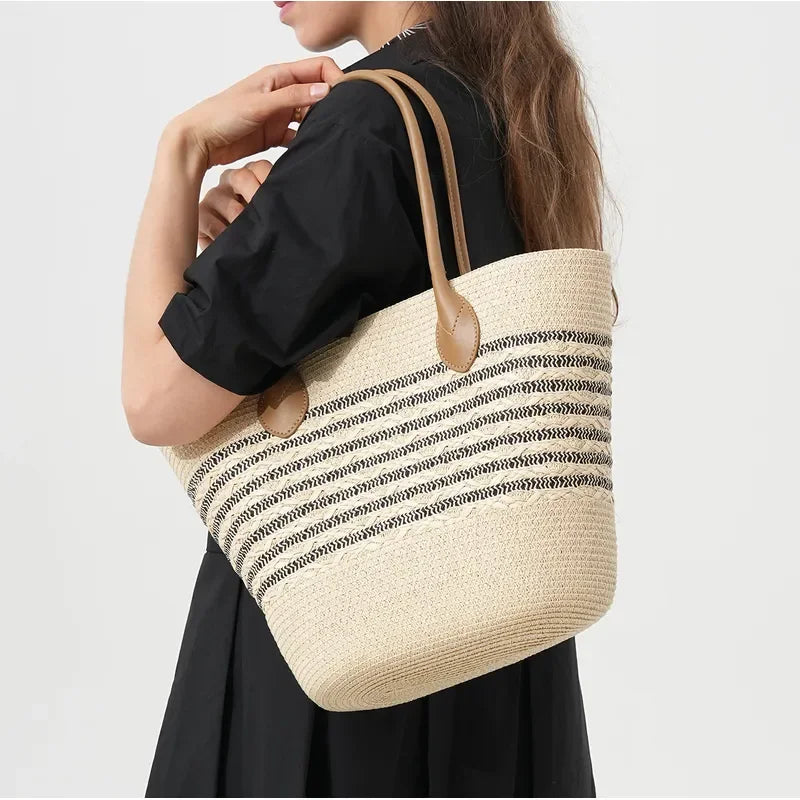 Striped Woven Straw Beach Tote Bag Large Capacity Nail Detail Shoulder Bag for Women Seaside Vacation Vegetable Basket
