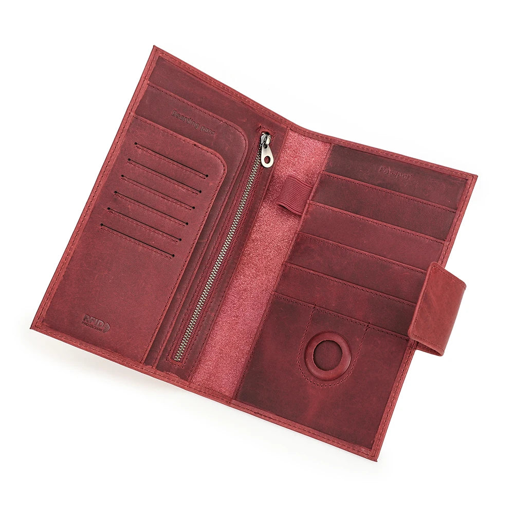 Genuine Leather Family Passport Wallet with Anti-lost Airtag Case Passport Cover For Cards Pen Holder Passport Travel Clutch Bag