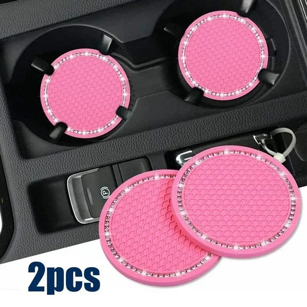 Car Coasters, Universal 2 Pcs Car Coasters for Women Bling Car Accessories, Silicone Anti Slip Crystal Car Cup Holde