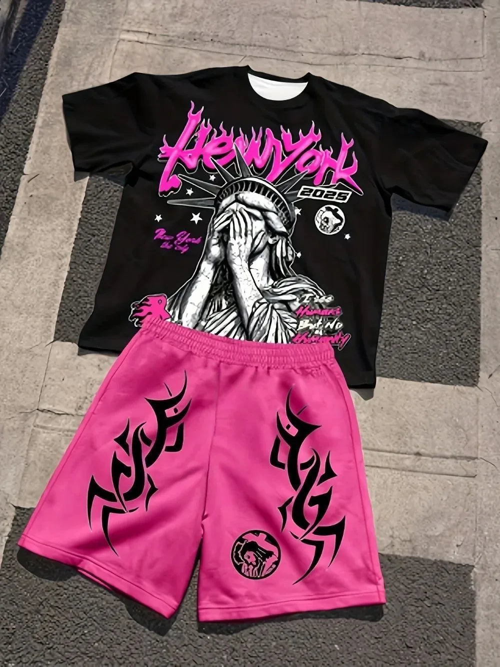 New Men's Summer Statue of Liberty Printed Comfortable Breathable Round Neck T-shirt Drawstring Shorts Set Outdoor Street Wear