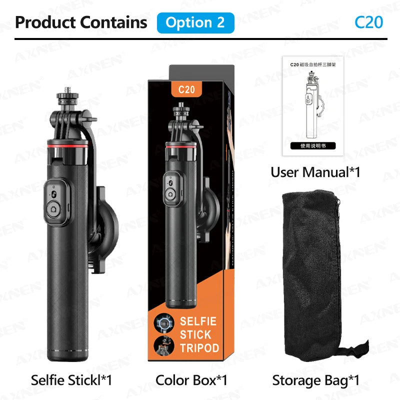 AXNEN C20 Magnetic Selfie Stick Tripod Extendable for Cellphone Shooting with Remote 1/4" Thread for Action Camera Ring Light