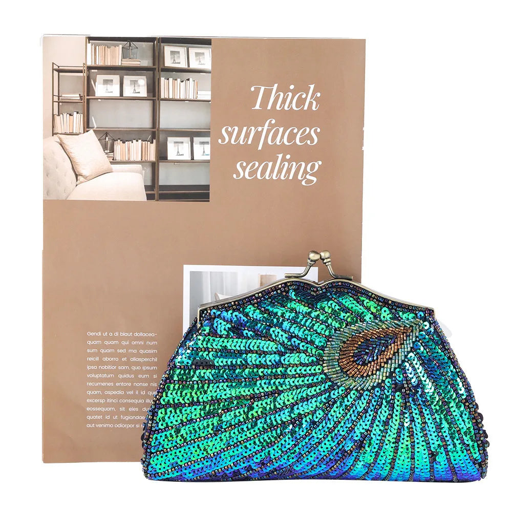 Lost in Vinatge Evening Bag with Sparkly Glitzy Turquoise Peacocks Beading Clutch with Antique Gold Hardware and Black Silky Bag
