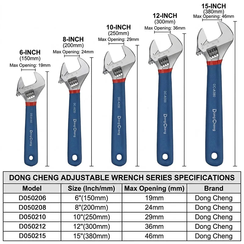 Drop Forged Adjustable Wrench Set 6 8 10 12 15 Inch Tool Steel with Dipped Handle Chrome Plated Heavy Duty for Auto Plumbing
