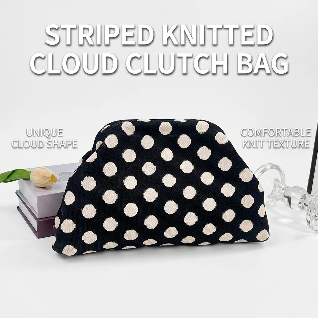Women Trendy Striped Knitted Polka Dot Clutch Bag Large Capacity Bag with Handle for Commute Shopping