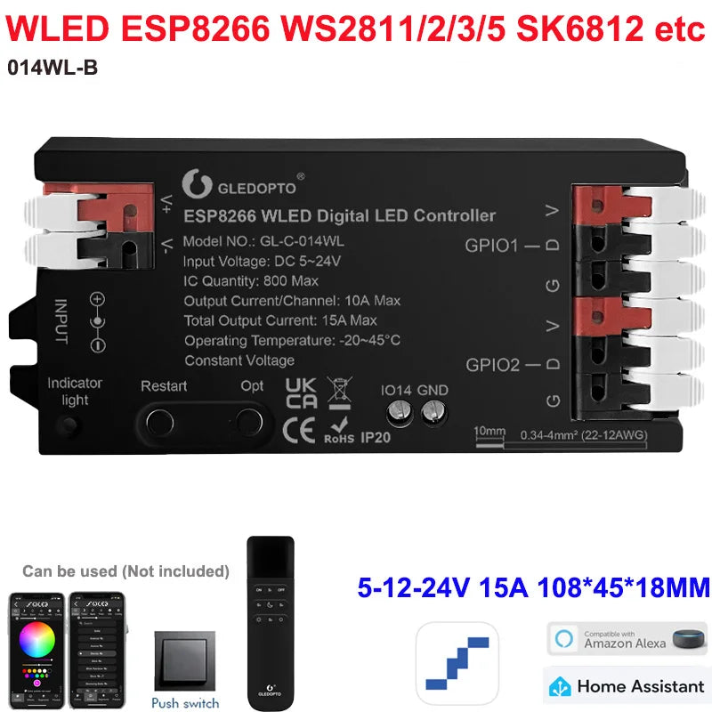 5GLEDOPTO ESP32 PWM WLED Dynamic LED Controller 5 in 1 DC12-24V WIFI App Control for RGBCCT RGBW RGB CCT DM WS2811/2B/3/5 Strip