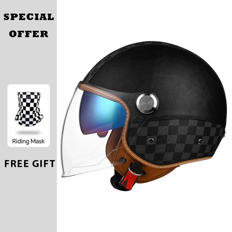 Open Face Helmet Vintage Leather Motorcycle Helmets Double Visor DOT Approved Retro 3/4 Jet Half Helmet with Inner Lens