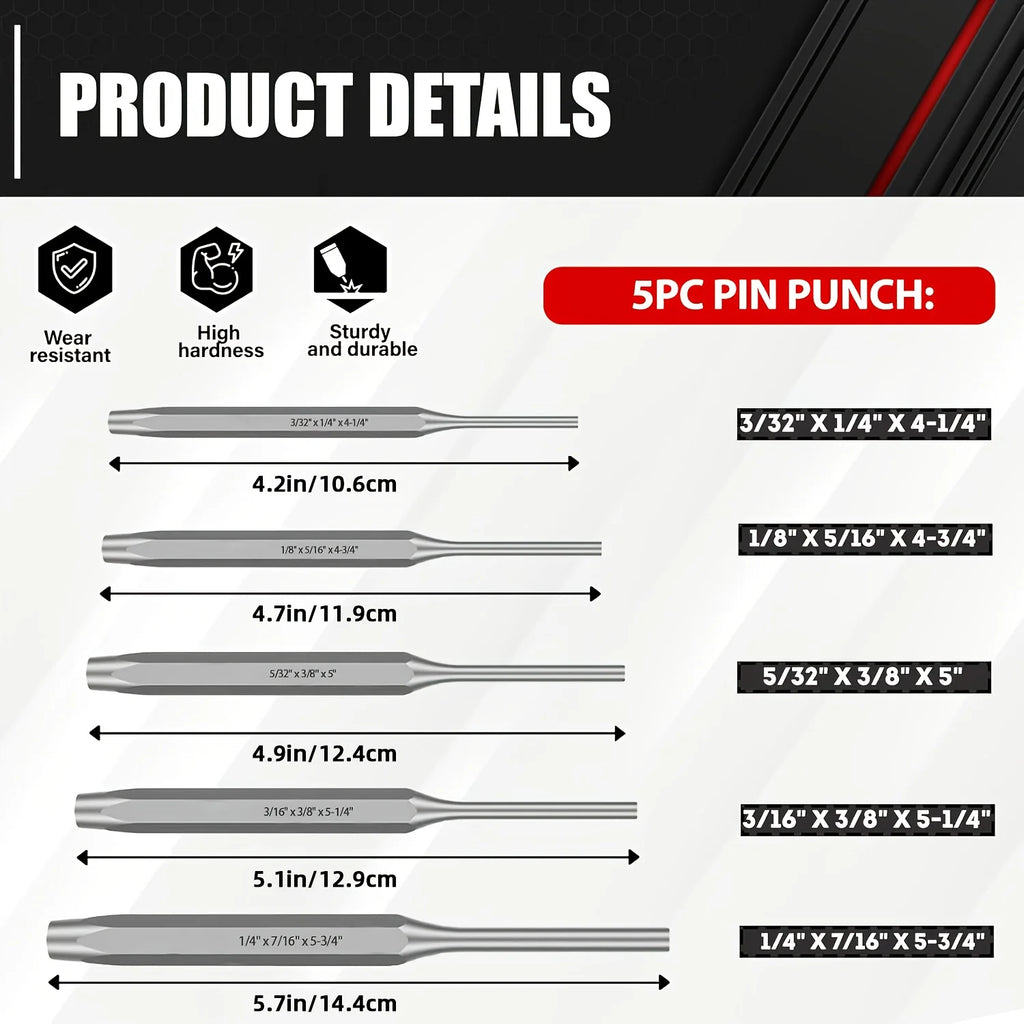 16Pcs Punch and Chisel Set With Storage Pouch, Including Taper, Cold Chisels, Pin, Center, Chrome Vanadium Steel