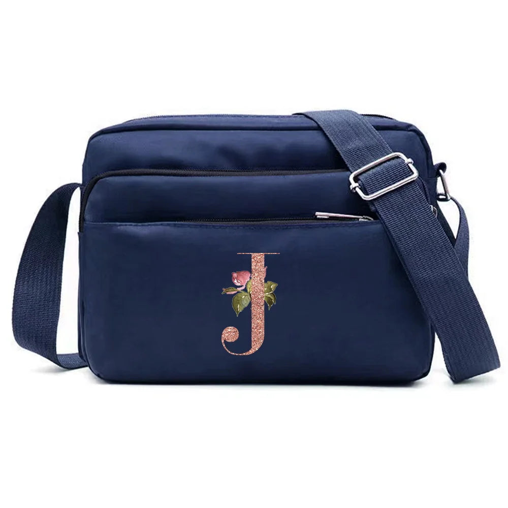 Large Capacity Travel and Commuting Storage Blue Bag Rose Gold Series Print Pattern Multi-layer One Shoulder Crossbody Bag