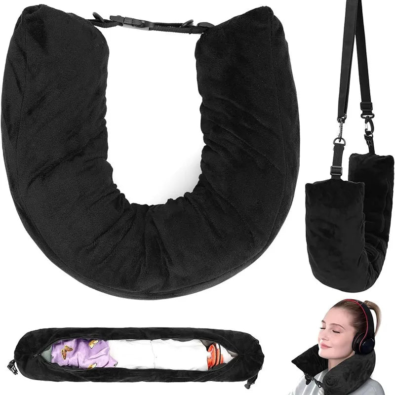 Travel neck pillow U-shaped,adjustable soft wool cover,can be filled with clothing for comfort Travel Pillow With Storage Pouch