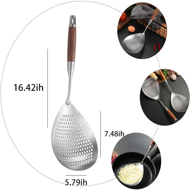 40.5cm Slotted Spoon, Large Skimmer with 0.3" Holes & Hang Hole, Stainless Steel and Wood for Kitchen, 1PC Cooking Utensil