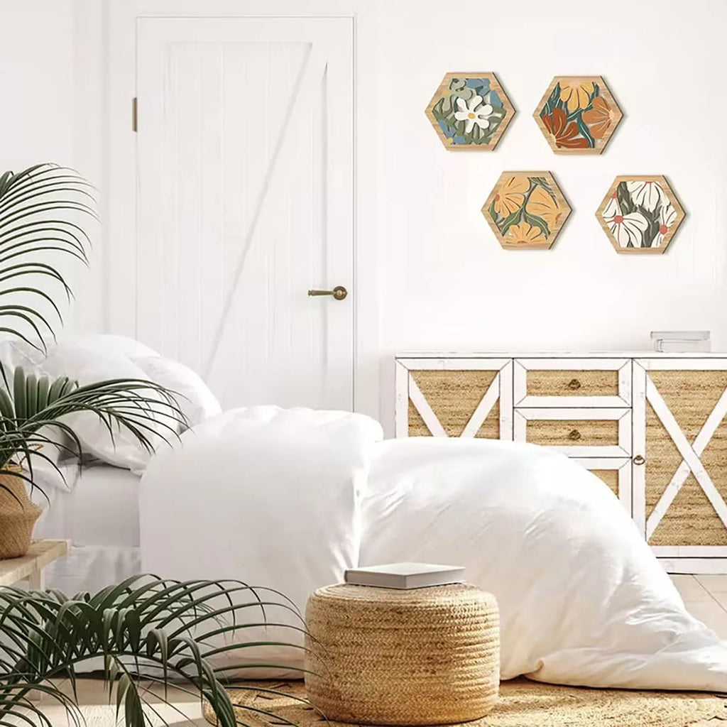 4Pcs Boho Floral Hexagon Wooden Wall Decor with Nano Tape, Boho Wall Art