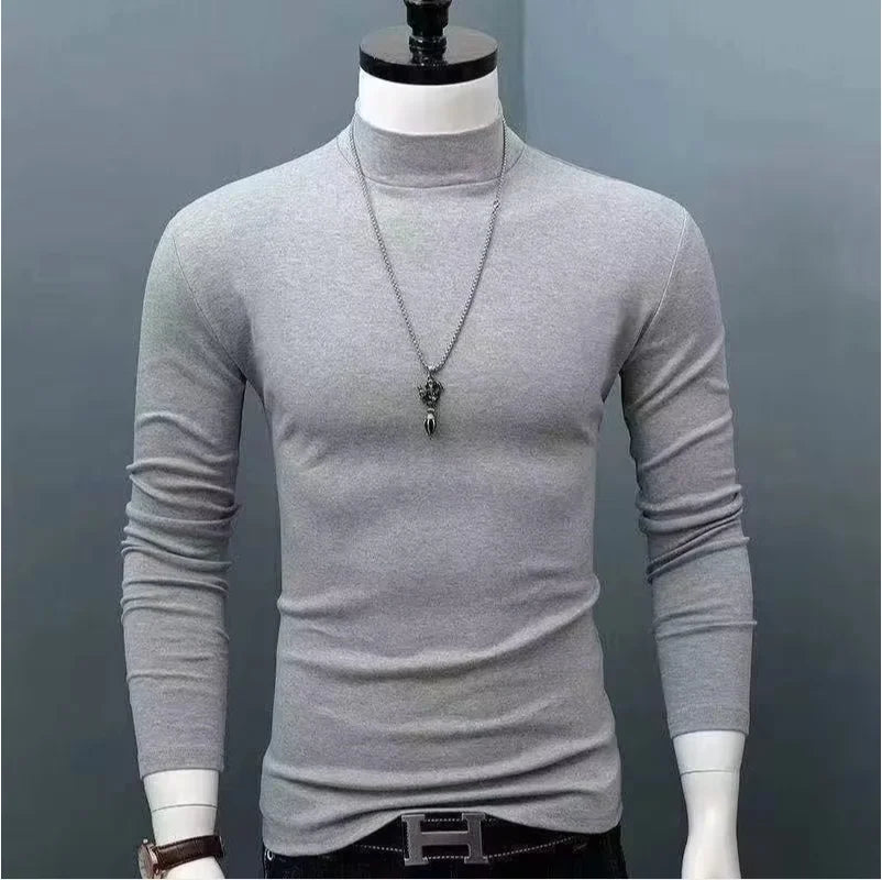 2026 Autumn Winter Men's High Neck T-shirt Slim Fit Fashion High Elastic Long Sleeve Cotton Casual Breathable Apparel Pullover