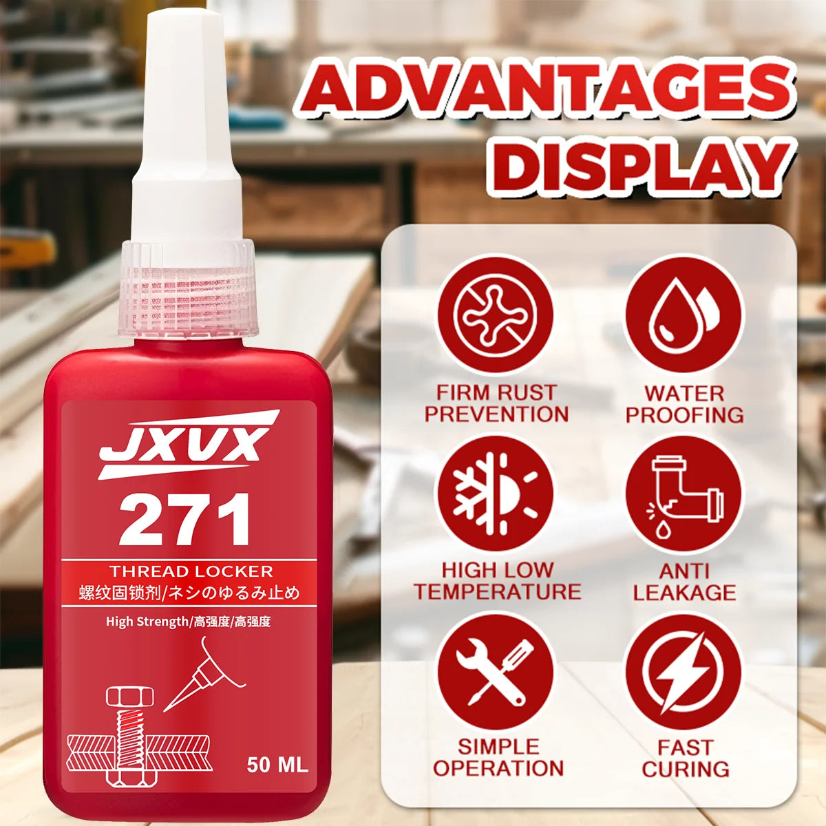 Threadlocker 271 Red Anaerobic Adhesive Threadlocking Compound (Equivalent to Loctitl) Vibration-Resistant Anti-Loosening Sealant High-Strength, High-Temperature Resistant