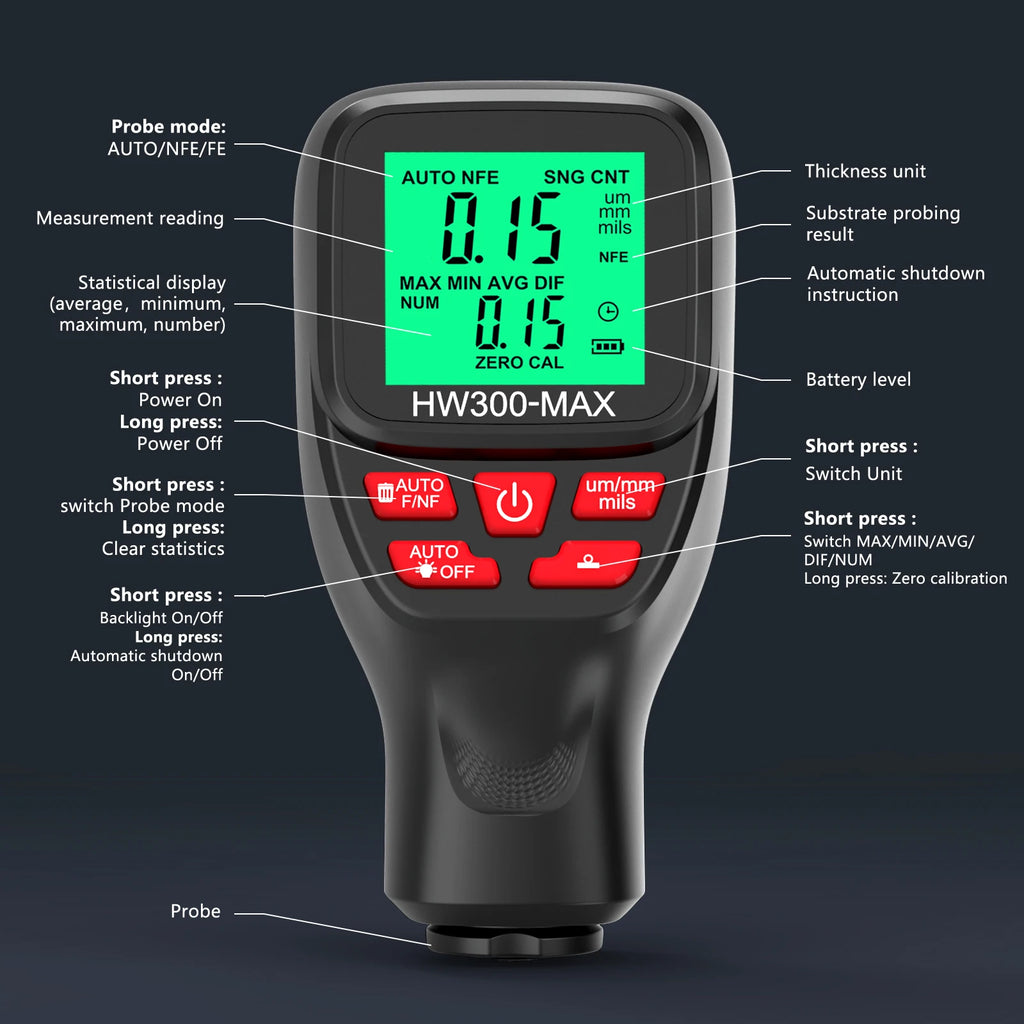 HW300-MAX Car Coating Thickness Gauge 0-2000UM Car Paint Film Thickness Tester Paint DFT Measuring Meter