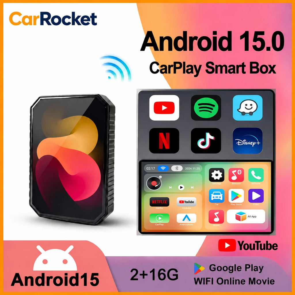 2026 CarRocket Android 15 CarPlay Ai Box Wireless Android Auto USB Adapter Plug & Play Universal TV Box For Youtube Netfl