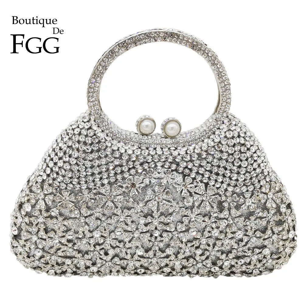Boutique De FGG Elegant Silver Crystal Clutch Bags for Women Formal Party Totes Handbags Bridal Wedding Rhinestone Purses Bag