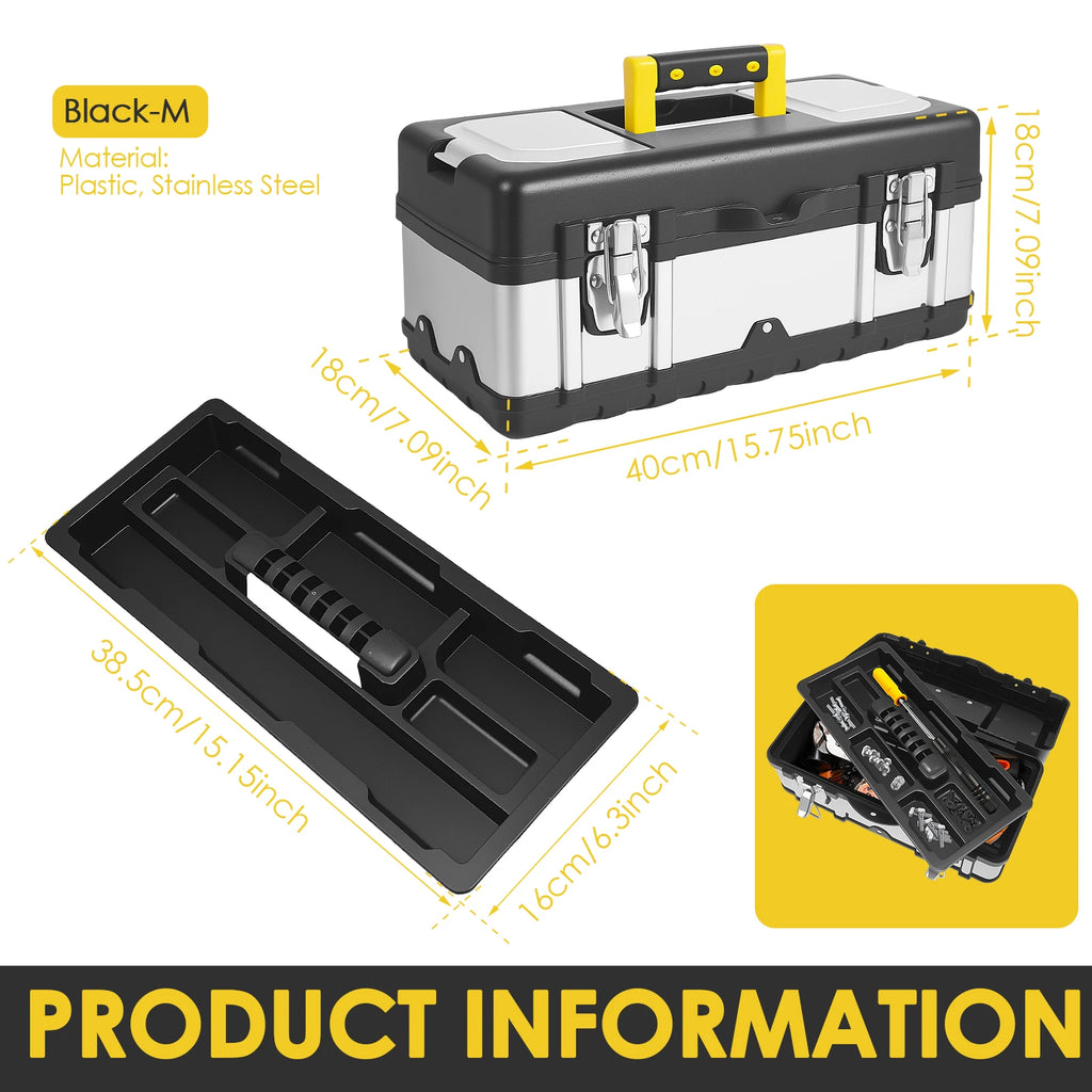 Portable Tool Box Heavy Duty Plastic and Stainless Steel Tool Storage Case with Removable Tray for Electrician Auto Repair