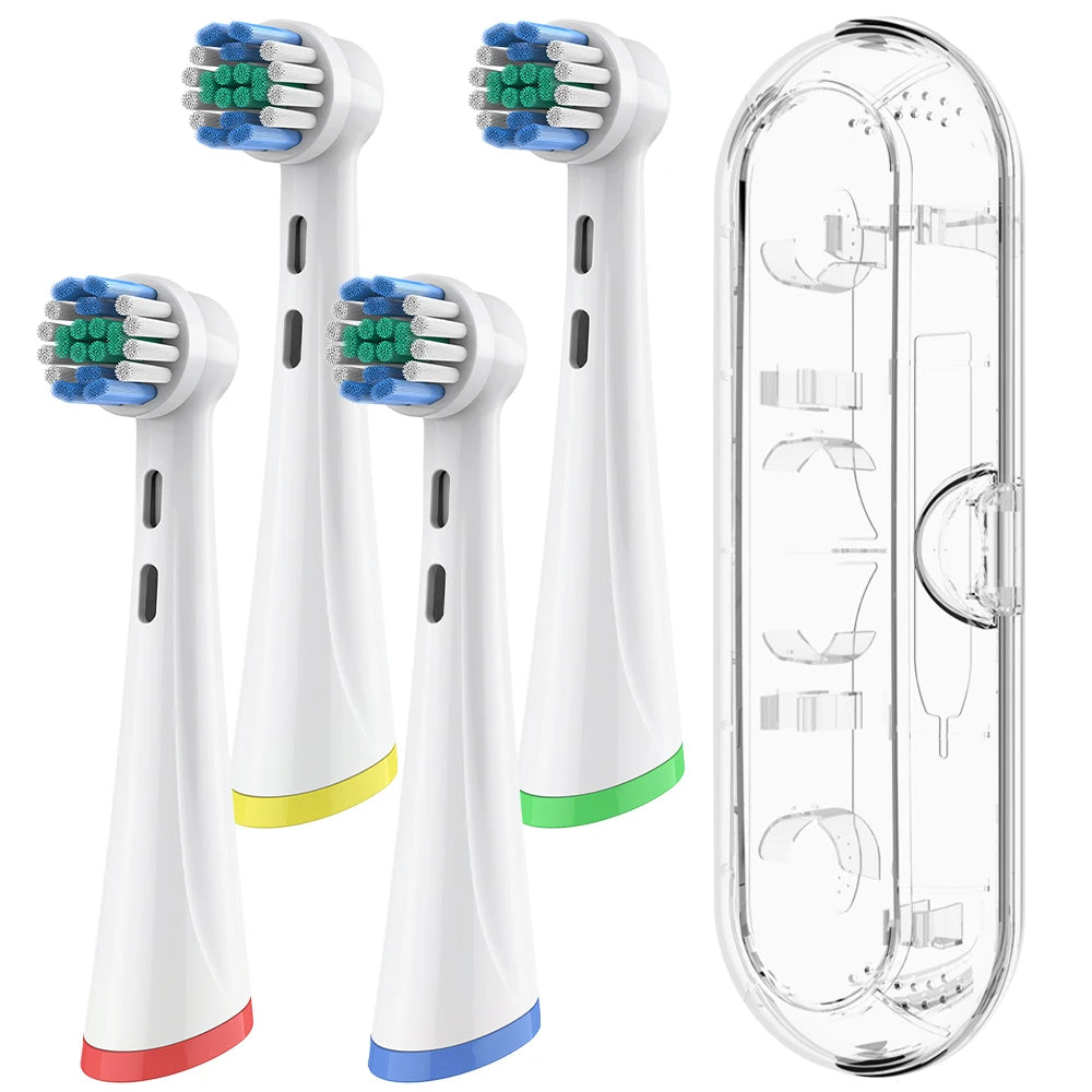 Clear Toothbrush Travel Case with 4 Replacement Brush Heads Set Compatible with Oral B iO 2/3/4/5/6/7/8/9/10 Electric Toothbrush