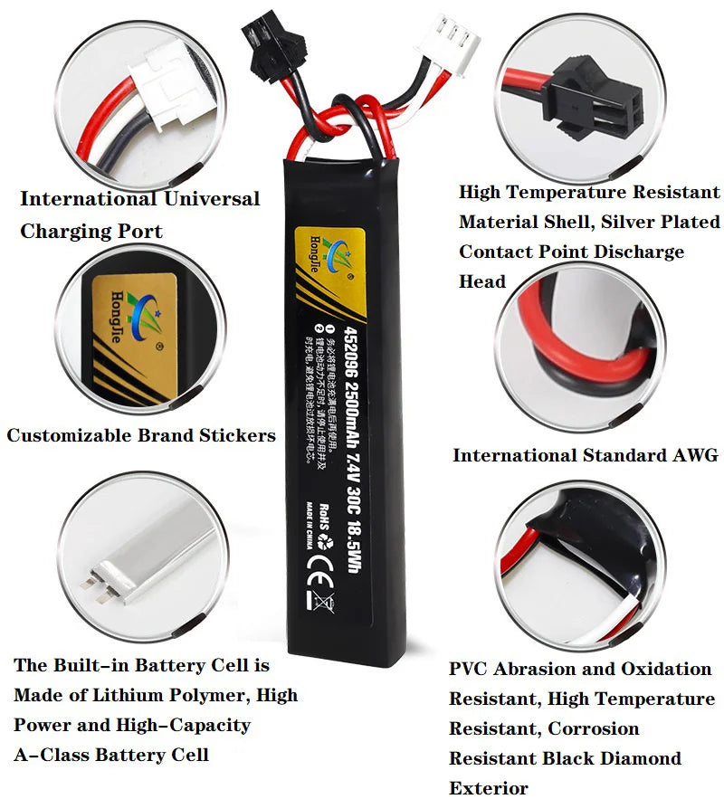 7.4V 2500mAh Lipo Battery Split Connection for Water Gun 2S 7.4V Battery for Mini Airsoft BB Air Pistol Electric Toys Guns Parts