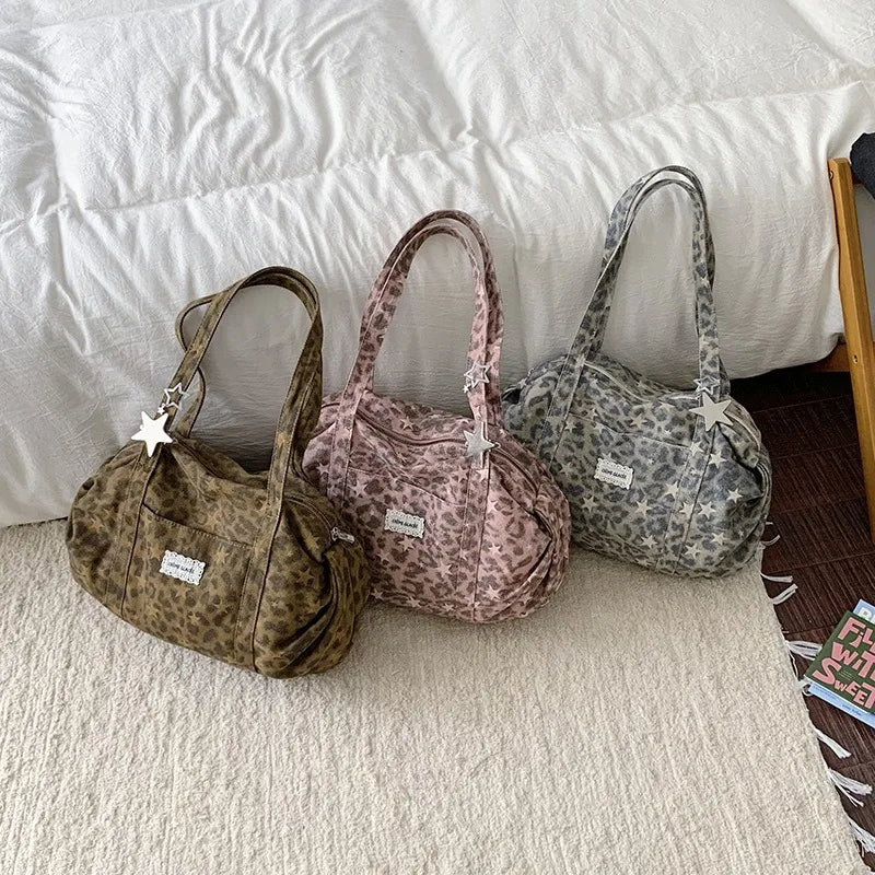 New Fashion Fold Shoulder Bag Women Korean Style Large Capacity Canvas Leopard Print Tote Bag Stylish Relaxed Commuting Bag