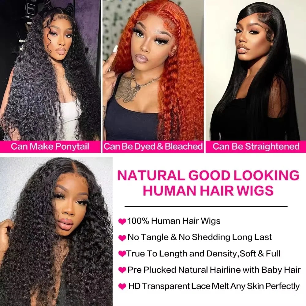 13X4 13X6 Deep Wave Hd Transparent Lace Front Wigs Pre Plucked 30 40 Inch Frontal Human Hair Curly Wig For Women 180 200 Density