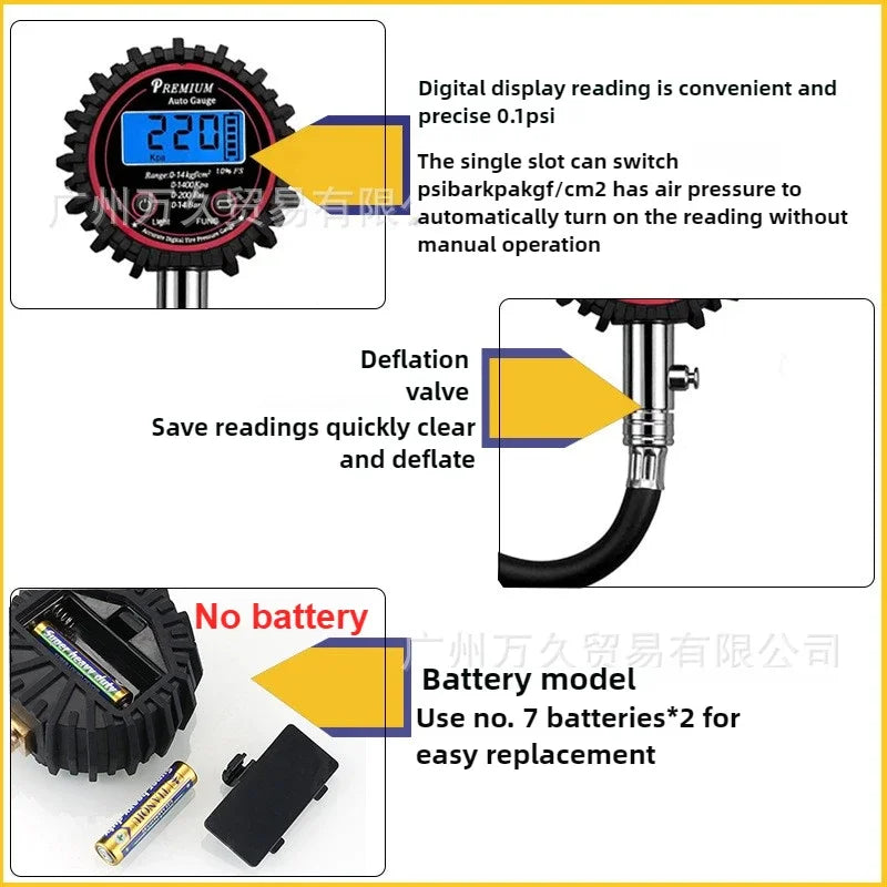 Current 3～200PSI Auto Tire Pressure Gauge LCD Display High Precision Digital Tire Tester For Car Truck Vehicle Motorcycle