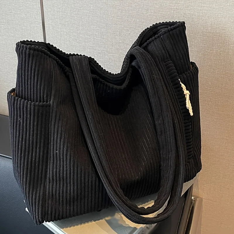 Large Corduroy Tote Bag for Women Everyday Shoulder Bag with Pockets and Zipper for Work Travel Vacation