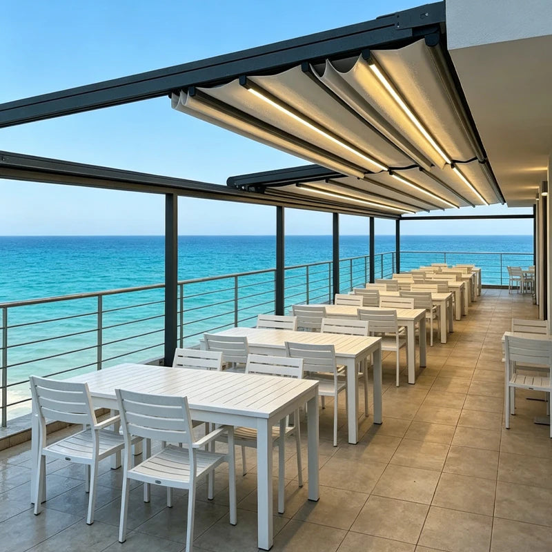 Motorized Retractable Pergola Roof Waterproof Sunproof Folding Awning with Integrated LED Lighting for Patios Gardens