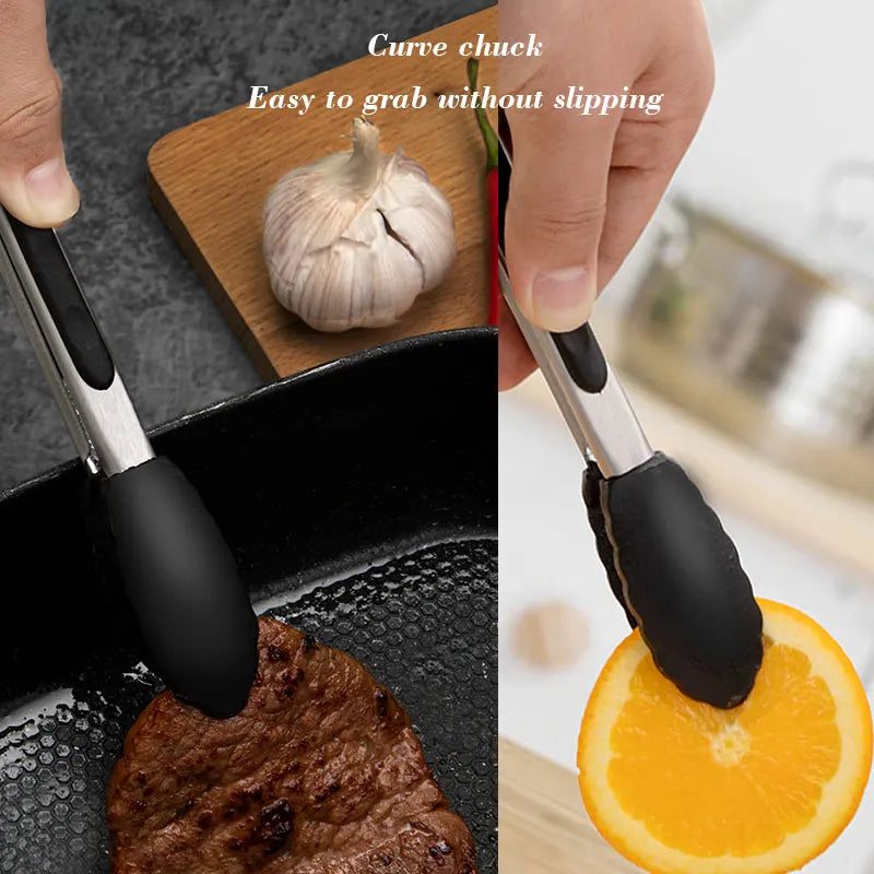 1 Pc Black Silicone Food Tongs, Stainless Steel Food Tongs Outdoor BBQ Clamps For Camping Kitchen Tongs For Baking Steak