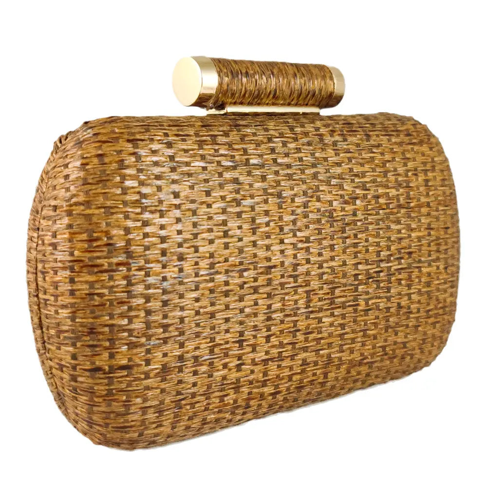 Boutique De FGG Straw Women Metal Clutches Chain Shoulder and Crossbody Bags Ladies Party Cockatail Evening Beach Clutch Purse