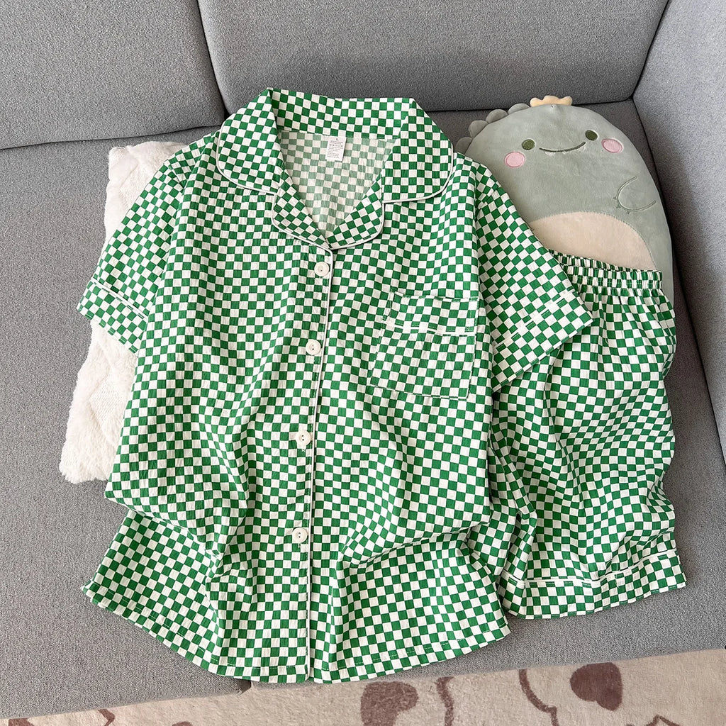 Women's Summer Pajamas, Thin Plaid Pattern Short-Sleeved Shorts, Sweet and Cute, Can Be Worn Outside in Summer, Two-Piece Home Wear Set