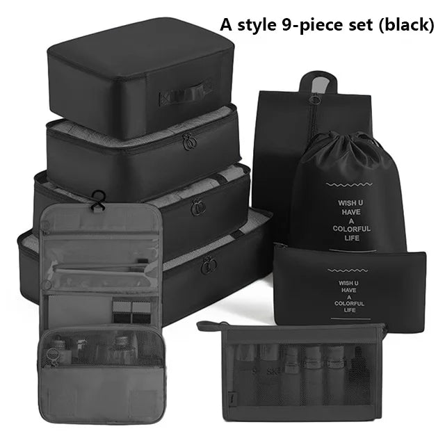 9Pcs Travel Packing Cubes Set Waterproof Luggage Organizer with Drawstring Pouches for Clothes Shoes Cosmetics Underwear - Suitc