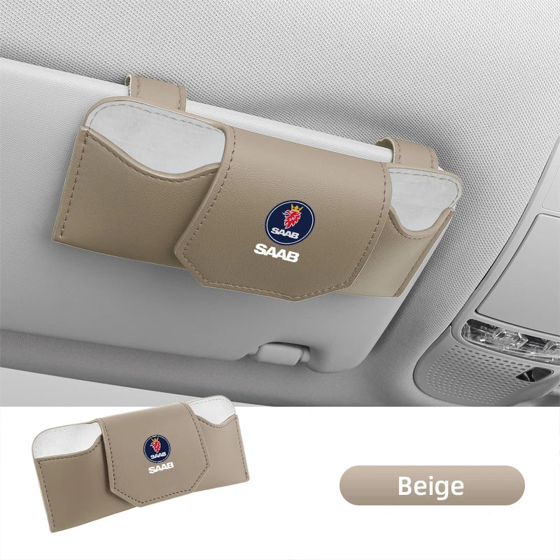 Magnetic Leather Storage Sunglasses Case Car Sun Visor Holder For SAAB Turbo X Monster 9-2X GT750 92 Sweden Decal