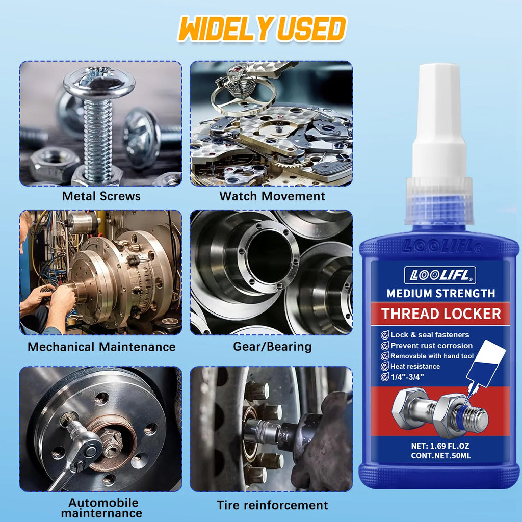 LOOLIFL Blue Thread Locker 243 Nuts-Bolts Locker, Screw Adhesive Lock Tight Seal Fasteners Anaerobic Curing Metal Glue,Rustproof