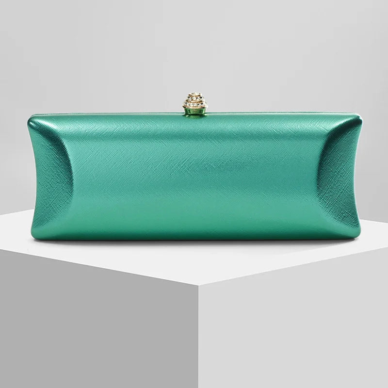 Classical Long Box Evening Bag Women's Luxury Green Wedding Bag  Versatile Pure Color Pillow Clutch Purse with Crossbody Chain