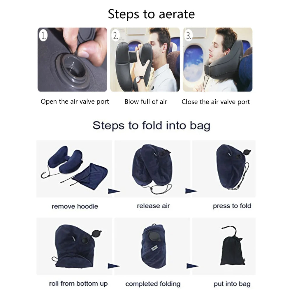 1PC Neck Pillow Travel Inflatable U-shaped Pillow H Hooded Aviation Neck Pillow with a Blackout Windproof Cap Portable