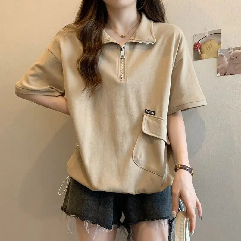 Large size women's clothing spring and summer new solid color casual and thin versatile lapel zipper short-sleeved t-shirt